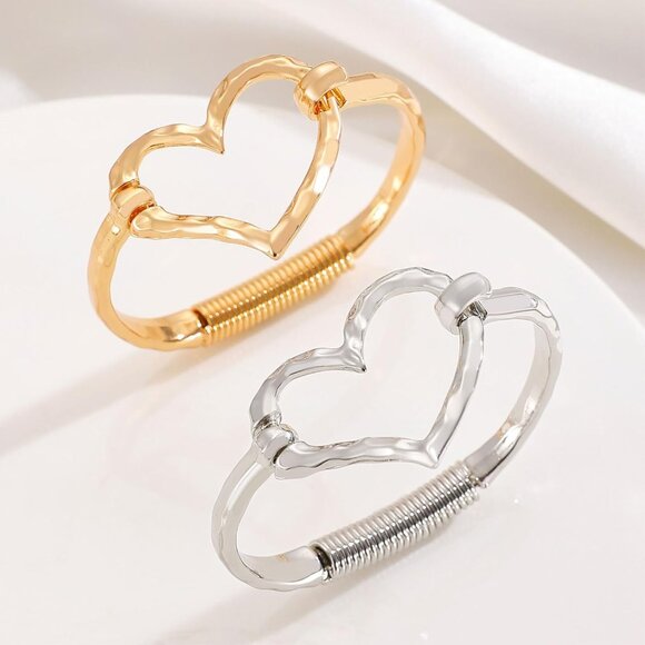 Chunky Gold Heart Cross Cuff Bracelet for Women, Hammered Handmade Jewelry - Picture 5 of 7